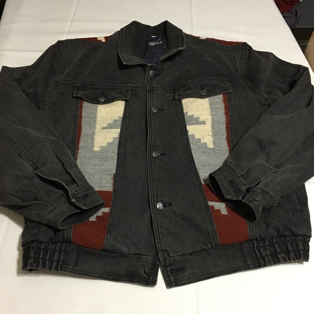 Robert Comstock Denim Jacket Mens 42 Black Southwestern Aztec Blanket Panel
